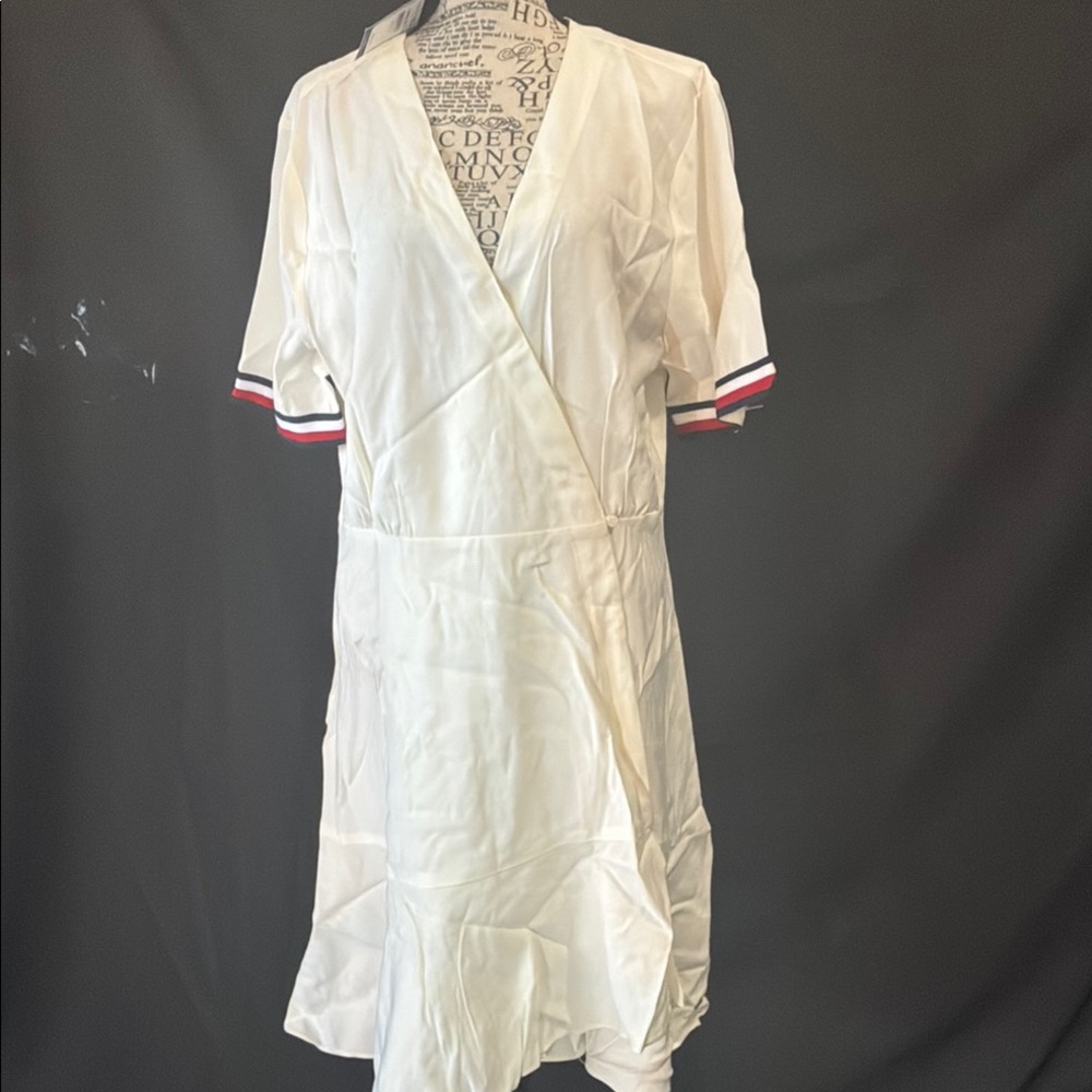 Tommy Hilfiger White Midi Dress with Striped Sleeves